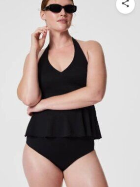 Spanx BNWT Black Halter Ruffle Peplum Swim Tankini Top size 2X with travel bag